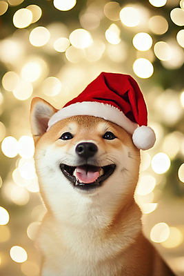편집이미지 모자_잡화 시선 기념일 크리스마스 표정 반려동물 개 CG 파일형식 AI콘텐츠 응시 입벌림 보케 강아지 산타모자 시바견 편집실사 사람없음 반려견 이미지편집 JPG AI포토