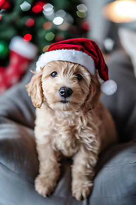 편집이미지 모자_잡화 시선 기념일 크리스마스 모션 반려동물 개 CG 파일형식 AI콘텐츠 응시 보케 크리스마스트리 앉기 쿠션 푸들 강아지 산타모자 편집실사 사람없음 반려견 이미지편집 JPG AI포토