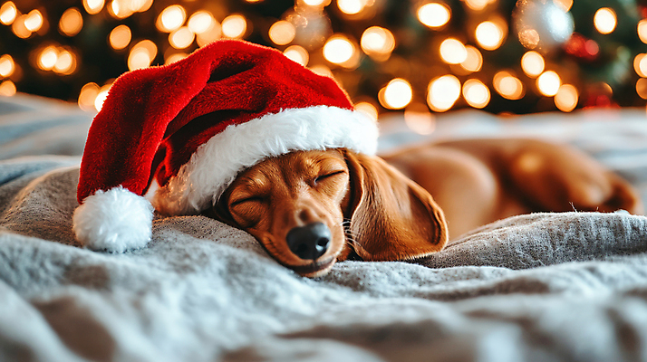 JPG 편집이미지 반려견 크리스마스 산타모자 사람없음 눕기 눈감음 이불 잠 강아지 닥스훈트 보케 이미지편집 편집실사 AI포토 AI콘텐츠 모자_잡화 기념일 침구 모션 반려동물 개 CG 파일형식