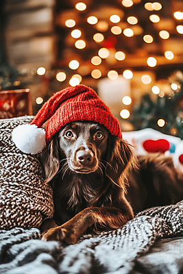 JPG 편집이미지 응시 반려견 크리스마스장식 크리스마스 산타모자 사람없음 이불 리트리버 강아지 보케 이미지편집 편집실사 AI포토 AI콘텐츠 모자_잡화 시선 기념일 침구 반려동물 개 CG 파일형식