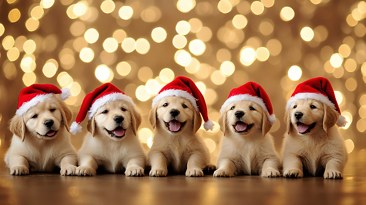 편집이미지 모자_잡화 시선 기념일 남자 다수 크리스마스 가족 표정 반려동물 개 CG 파일형식 AI콘텐츠 보케 응시 형제 입벌림 여러마리 강아지 산타모자 리트리버 편집실사 사람없음 반려견 이미지편집 JPG AI포토
