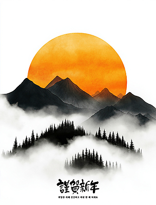 PSD 나무 구름 한국전통 일러스트 자연 근하신년 새해 산 수묵화 사람없음 태양 일출 산수화 국내일러스트 자연요소 식물 전통 한국 미술 노을 동양화 생태계 파일형식