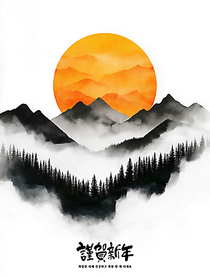 PSD 나무 구름 한국전통 일러스트 자연 근하신년 새해 산 수묵화 사람없음 태양 일출 산수화 국내일러스트 자연요소 식물 전통 한국 미술 노을 동양화 생태계 파일형식