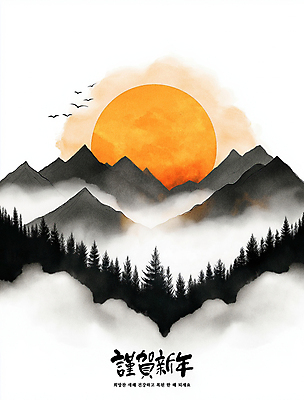 PSD 나무 구름 한국전통 일러스트 자연 조류 근하신년 새해 산 수묵화 사람없음 태양 일출 산수화 국내일러스트 자연요소 식물 동물 전통 한국 미술 노을 동양화 생태계 파일형식