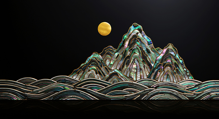 JPG 구름 편집이미지 한국전통 문화 예술 새해 산 사람없음 컬러풀 태양 평화 일출 검은색 동양화 민속 산수화 자개 디테일 2025년 을사년 편집실사 AI컴퓨터그래픽 AI콘텐츠 자연요소 전통 컬러 컨셉 한국 미술 노을 연도 CG 전통공예 파일형식