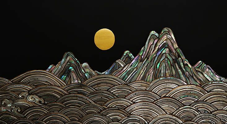 JPG 편집이미지 한국전통 물결 예술 새해 산 풍경 사람없음 컬러풀 태양 일출 검은색 동양화 민속 산수화 동양적 자개 2025년 자연적 을사년 편집실사 AI컴퓨터그래픽 AI콘텐츠 자연요소 전통 컬러 컨셉 한국 미술 노을 연도 CG 전통공예 파일형식