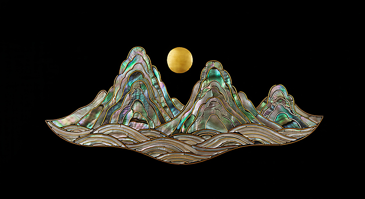 JPG 편집이미지 한국전통 물결 예술 새해 산 풍경 사람없음 컬러풀 일출 검은색 달 동양화 민속 산수화 동양적 자개 2025년 자연적 을사년 편집실사 AI컴퓨터그래픽 AI콘텐츠 자연요소 전통 컬러 컨셉 한국 미술 노을 연도 CG 전통공예 파일형식