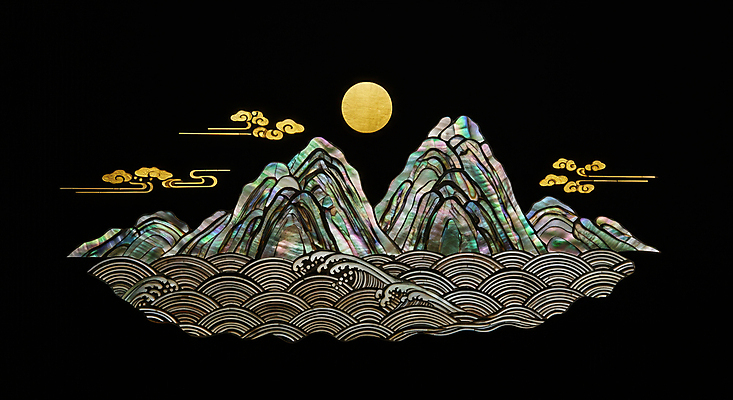 JPG 구름 편집이미지 한국전통 예술 새해 산 풍경 사람없음 컬러풀 태양 일출 검은색 민속 산수화 동양적 자개 2025년 자연적 을사년 편집실사 AI컴퓨터그래픽 AI콘텐츠 자연요소 전통 컬러 컨셉 한국 노을 연도 동양화 CG 전통공예 파일형식