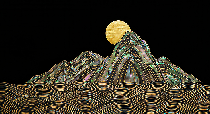 JPG 편집이미지 한국전통 예술 새해 산 풍경 사람없음 컬러풀 태양 일출 검은색 금색 민속 산수화 동양적 자개 2025년 자연적 을사년 편집실사 AI컴퓨터그래픽 AI콘텐츠 자연요소 전통 컬러 컨셉 한국 노을 연도 동양화 CG 전통공예 파일형식