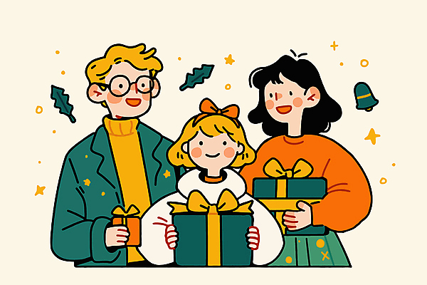 여자 남자 행복 어린이 크리스마스 일러스트 가족 크리스마스선물 선물 들기 소녀 성인 세명 초록색 선물상자 축하 안경낌 국내일러스트 AI파일 기념일 감정 안경 컬러 컨셉 관계 모션 사람 상자 파일형식 벡터