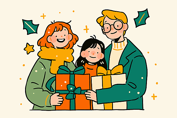 여자 남자 어린이 크리스마스 일러스트 가족 크리스마스선물 선물 사랑 들기 소녀 성인 세명 초록색 선물상자 안경낌 국내일러스트 AI파일 기념일 감정 안경 컬러 관계 모션 사람 상자 파일형식 벡터