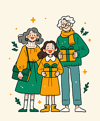 전신 여자 남자 어린이 크리스마스 일러스트 가족 크리스마스선물 선물 사랑 들기 소녀 성인 세명 초록색 선물상자 기쁨 안경낌 국내일러스트 AI파일 기념일 감정 안경 컬러 관계 모션 사람 상자 파일형식 벡터