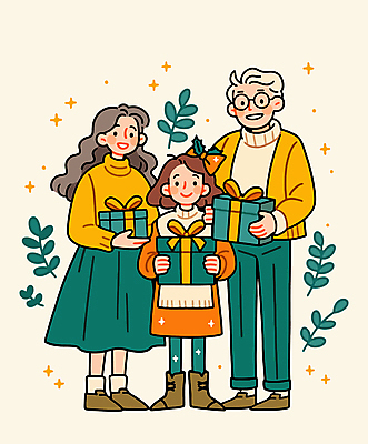 전신 여자 남자 어린이 크리스마스 일러스트 가족 크리스마스선물 선물 사랑 들기 소녀 성인 세명 초록색 선물상자 기쁨 안경낌 국내일러스트 AI파일 기념일 감정 안경 컬러 관계 모션 사람 상자 파일형식 벡터