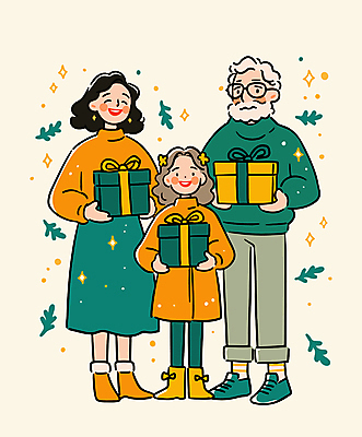 전신 여자 남자 크리스마스 일러스트 가족 크리스마스선물 선물 사랑 들기 소녀 성인 세명 초록색 선물상자 기쁨 안경낌 국내일러스트 AI파일 기념일 감정 안경 어린이 컬러 관계 모션 사람 상자 파일형식 벡터