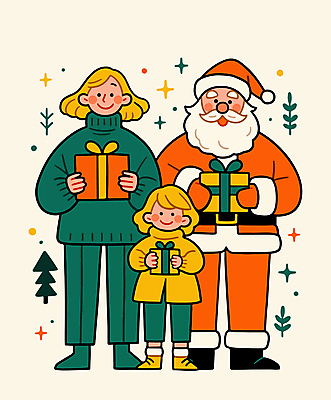 여자 기념일 감정 어린이 컬러 컨셉 크리스마스 관계 모션 선물 사람 성인 상자 파일형식 벡터 크리스마스선물 선물상자 들기 소녀 남자 노년 전신 세명 산타클로스 가족 축하 사랑 기쁨 초록색 국내일러스트 일러스트 AI파일