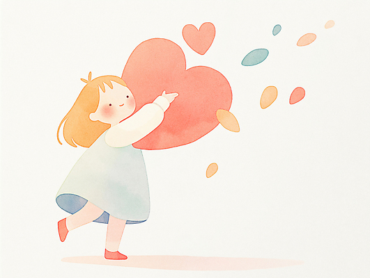 JPG 전신 원피스 어린이 일러스트 따뜻함 사랑 한명 미소 들기 소녀 귀여움 하트 순수 한발서기 소녀한명만 흩날리기 국내일러스트 AI일러스트 AI콘텐츠 모양 1 옷 여자 감정 컨셉 모션 표정 서기 사람 여자한명만 소녀만 파일형식