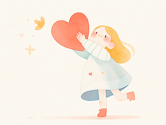 JPG 전신 원피스 어린이 일러스트 따뜻함 사랑 한명 미소 들기 소녀 귀여움 하트 순수 한발서기 소녀한명만 국내일러스트 AI일러스트 AI콘텐츠 모양 1 옷 여자 감정 컨셉 모션 표정 서기 사람 여자한명만 소녀만 파일형식