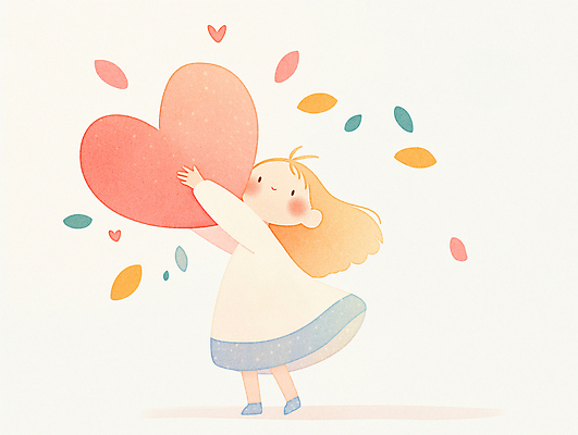 JPG 전신 원피스 어린이 일러스트 따뜻함 사랑 한명 미소 들기 소녀 귀여움 하트 순수 소녀한명만 흩날리기 국내일러스트 AI일러스트 AI콘텐츠 모양 1 옷 여자 감정 컨셉 모션 표정 사람 여자한명만 소녀만 파일형식