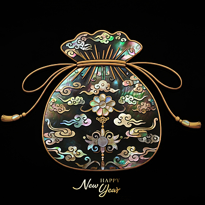 JPG 편집이미지 한국전통 디자인 새해 복주머니 사람없음 전통문양 검은색 고급 나전칠기 동양적 자개 세련 이미지편집 편집실사 AI컴퓨터그래픽 AI콘텐츠 전통 문양 컬러 컨셉 전통소품 한국 CG 공예품 전통공예 파일형식