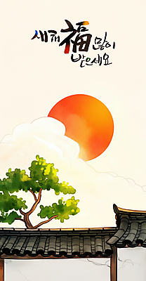 PSD 구름 한국전통 일러스트 근하신년 새해 사람없음 설날 태양 일출 소나무 복 연하장 새해복많이받으세요 기와담장 을사년 국내일러스트 자연요소 나무 전통 명절 카드_감사 한국 기와 담장 노을 한자 파일형식 2025년