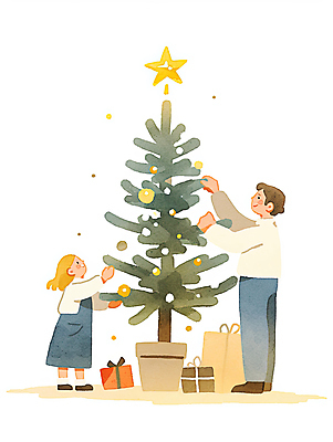 여자 기념일 감정 별 어린이 컨셉 크리스마스장식 크리스마스 관계 선물 사람 장식 상자 파일형식 AI콘텐츠 즐거움 함께함 소녀 오너먼트 별장식 남자 꾸미기 감성 전신 두명 크리스마스트리 선물상자 가족 성인 JPG 국내일러스트 일러스트 수채화 AI일러스트