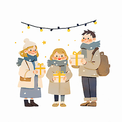 JPG 전신 여자 남자 어린이 크리스마스 가방 일러스트 가족 조명 수채화 함께함 들기 소녀 성인 세명 선물상자 목도리 즐거움 감성 알전구 국내일러스트 AI일러스트 AI콘텐츠 잡화 기념일 감정 컨셉 전구 관계 모션 선물 사람 상자 파일형식