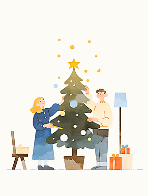 JPG 전신 부부 커플 여자 남자 크리스마스 의자 일러스트 수채화 함께함 크리스마스선물 성인 두명 선물상자 크리스마스트리 스탠드 즐거움 감성 꾸미기 별장식 성인만 오너먼트 국내일러스트 AI일러스트 AI콘텐츠 기념일 감정 별 가구 컨셉 크리스마스장식 관계 조명 선물 사람 장식 상자 파일형식