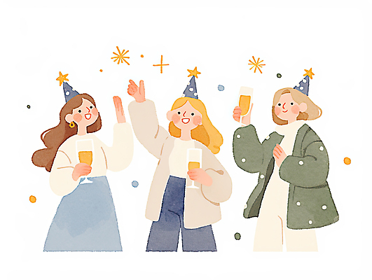 JPG 여자 별 크리스마스 일러스트 수채화 함께함 웃음 성인 세명 친구 반짝임 파티 손들기 고깔모자 샴페인 즐거움 샴페인잔 감성 성인여자만 국내일러스트 AI일러스트 AI콘텐츠 자연요소 모자_잡화 기념일 감정 컨셉 술잔 관계 모션 주류 표정 사람 이벤트 여자만 성인만 파일형식