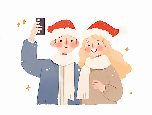 모자_잡화 잡화 감정 컨셉 크리스마스 관계 모션 표정 사람 핸드폰 스마트기기 사진촬영 파일형식 AI콘텐츠 상반신 따뜻함 함께함 사랑 웃음 성인만 성인 감성 두명 여자 남자 산타모자 커플 셀프카메라 스마트폰 반짝임 목도리 JPG 국내일러스트 일러스트 수채화 AI일러스트