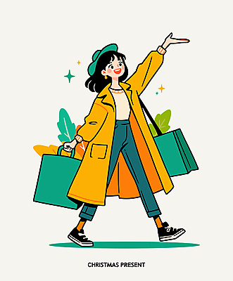 전신 모자 여자 행복 인물캐릭터 일러스트 크리스마스선물 한명 미소 들기 성인 반짝임 쇼핑 쇼핑백 노란색 손들기 성인여자한명만 일러캐릭터 AI파일 캐릭터 1 잡화 감정 컬러 크리스마스 가방 모션 표정 선물 사람 여자한명만 성인여자만 파일형식 벡터