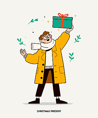 전신 남자 행복 리본 인물캐릭터 잎 일러스트 크리스마스선물 한명 미소 들기 성인 선물상자 반짝임 노란색 손들기 목도리 성인남자한명만 안경낌 일러캐릭터 AI파일 식물 캐릭터 1 잡화 감정 안경 컬러 크리스마스 모션 표정 선물 사람 상자 남자한명만 성인남자만 파일형식 벡터
