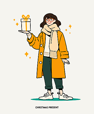 전신 여자 행복 리본 인물캐릭터 일러스트 크리스마스선물 한명 미소 들기 성인 캐주얼 선물상자 반짝임 노란색 목도리 성인여자한명만 안경낌 일러캐릭터 AI파일 캐릭터 1 잡화 옷 감정 안경 컬러 크리스마스 모션 표정 선물 사람 상자 여자한명만 성인여자만 파일형식 벡터