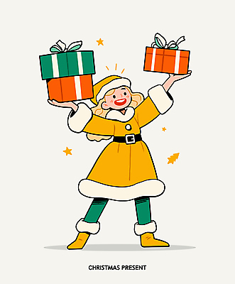 캐릭터 모자_잡화 1 옷 감정 컬러 크리스마스 모션 표정 3 선물 사람 상자 여자한명만 성인여자만 파일형식 벡터 산타모자 산타옷 세개 한명 여자 성인여자한명만 성인 반짝임 행복 일러캐릭터 일러스트 미소 들기 리본 크리스마스선물 선물상자 전신 노란색 AI파일 인물캐릭터