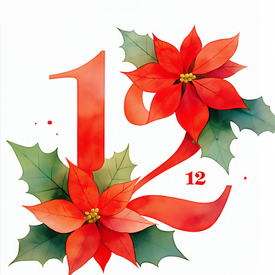JPG 꽃 잎 크리스마스 겨울 일러스트 사람없음 장식 빨간색 초록색 숫자 화려 12월 포인세티아 12 국내일러스트 AI일러스트 AI콘텐츠 식물 문자 계절 기념일 컬러 컨셉 날짜 파일형식