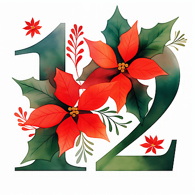 식물 계절 기념일 꽃 컬러 컨셉 숫자 날짜 파일형식 AI콘텐츠 사람없음 포인세티아 12 크리스마스 겨울 장식 화려 빨간색 초록색 국내일러스트 JPG 일러스트 잎 12월 AI일러스트