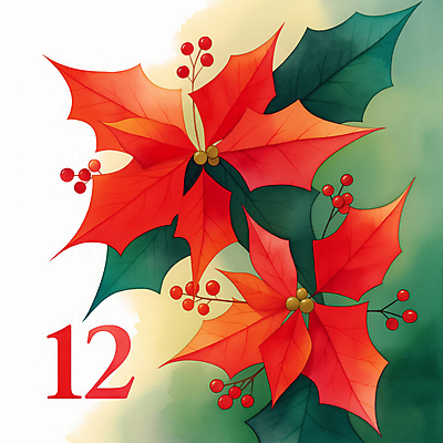 JPG 열매 꽃 잎 크리스마스 겨울 일러스트 사람없음 장식 빨간색 초록색 12월 포인세티아 12 국내일러스트 AI일러스트 AI콘텐츠 식물 계절 기념일 컬러 숫자 날짜 파일형식