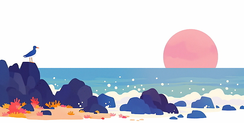 JPG 파도 바다 일러스트 자연 조류 사람없음 태양 평화 일출 바위 수평선 국내일러스트 AI일러스트 AI콘텐츠 자연요소 동물 컨셉 노을 돌_바위 생태계 파일형식