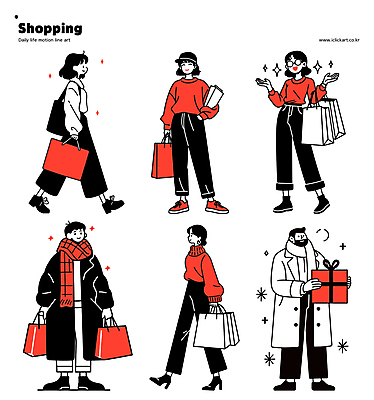 전신 여자 패션 남자 스티커 일러스트 미소 들기 여러명 성인 빨간색 선물상자 쇼핑 세트 쇼핑백 손들기 걷기 즐거움 주머니손 소통 성인만 일러캐릭터 AI파일 캐릭터 감정 컬러 다수 컨셉 가방 모션 표정 선물 사람 상자 파일형식 벡터