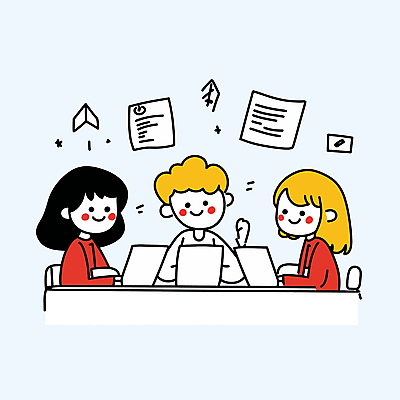 여자 남자 일러스트 회의 커뮤니케이션 협력 아이디어 대화 미소 앉기 상반신 성인 세명 노트북 작업 토론 책상 문서 성인만 국내일러스트 AI파일 가구 컨셉 비즈니스 모션 표정 말하기 사람 전자제품 파일형식 벡터