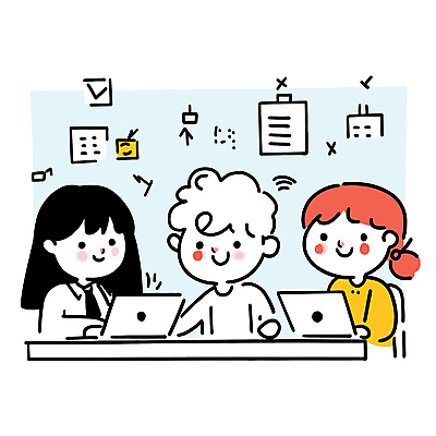 여자 남자 일러스트 커뮤니케이션 협력 아이디어 앉기 상반신 성인 세명 노트북 작업 토론 책상 성인만 국내일러스트 AI파일 가구 컨셉 모션 사람 전자제품 파일형식 벡터