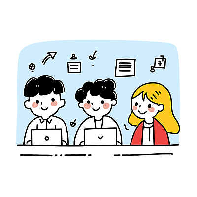 여자 남자 일러스트 커뮤니케이션 협력 아이디어 상반신 성인 세명 노트북 작업 책상 나란히 성인만 국내일러스트 AI파일 가구 컨셉 사람 전자제품 파일형식 벡터