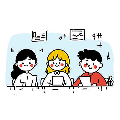 여자 남자 일러스트 커뮤니케이션 협력 아이디어 이야기 미소 앉기 상반신 성인 세명 노트북 작업 토론 분석 문서 공유 성인만 상호작용 국내일러스트 AI파일 컨셉 모션 표정 사람 전자제품 파일형식 벡터