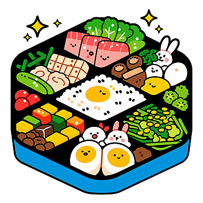 음식 채소 일러스트 밥 반찬 육류 사람없음 반짝임 귀여움 계란 다양 도시락 영양 점심 도시락통 정성 국내일러스트 AI파일 다수 컨셉 식재료 모션 알 용기_그릇 파일형식 벡터