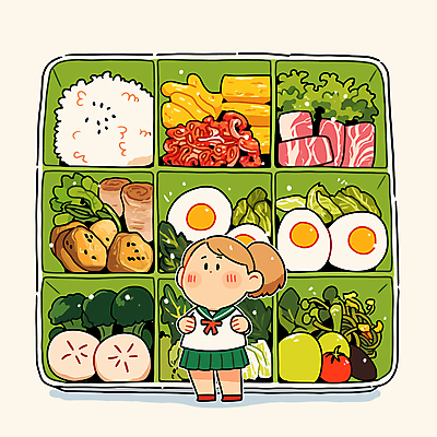 전신 학생 여자 채소 일러스트 청소년 밥 반찬 한명 연두색 귀여움 계란 다양 도시락 영양 점심 도시락통 베이지색 정성 십대여자한명만 국내일러스트 AI파일 1 음식 컬러 다수 컨셉 사람 초록색 알 용기_그릇 여자한명만 십대여자만 파일형식 벡터