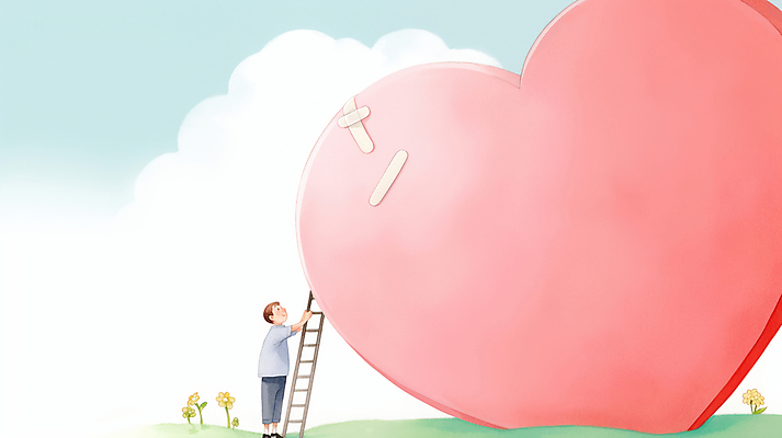 JPG 전신 구름 남자 감정 분홍색 일러스트 사다리 하늘 사랑 한명 잔디 성인 하트 마음 반창고 도움 수리 상처 위로 성인남자한명만 국내일러스트 AI일러스트 AI콘텐츠 자연요소 모양 식물 1 컬러 컨셉 사람 도구 의료용품 남자한명만 성인남자만 파일형식