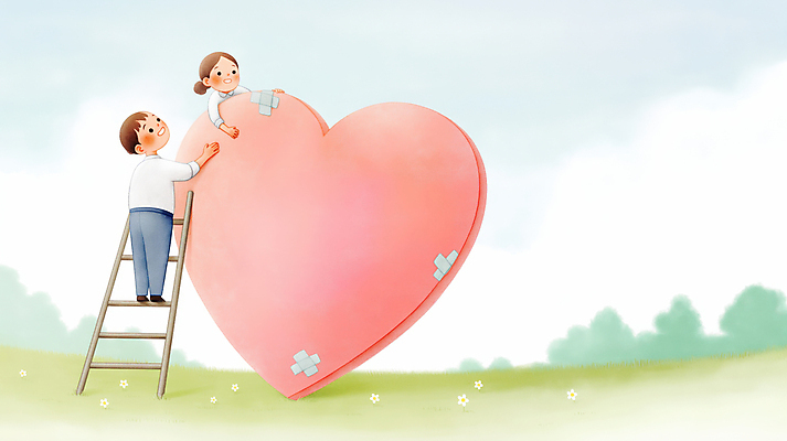 JPG 전신 구름 여자 남자 감정 분홍색 일러스트 사다리 포옹 하늘 사랑 잔디 성인 두명 하트 마음 반창고 도움 풀 수리 상처 위로 성인만 국내일러스트 AI일러스트 AI콘텐츠 자연요소 모양 식물 컬러 컨셉 안기 사람 도구 의료용품 파일형식