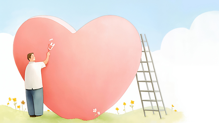 JPG 전신 구름 남자 감정 분홍색 일러스트 사다리 하늘 사랑 한명 잔디 성인 손들기 하트 마음 반창고 도움 풀 수리 상처 위로 성인남자한명만 국내일러스트 AI일러스트 AI콘텐츠 자연요소 모양 식물 1 컬러 컨셉 모션 사람 도구 의료용품 남자한명만 성인남자만 파일형식