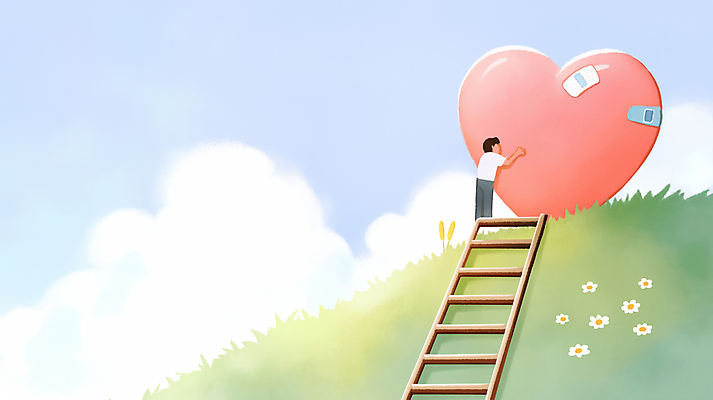 JPG 전신 구름 남자 감정 분홍색 일러스트 사다리 포옹 하늘 사랑 한명 잔디 성인 하트 마음 반창고 도움 풀 수리 상처 위로 성인남자한명만 국내일러스트 AI일러스트 AI콘텐츠 자연요소 모양 식물 1 컬러 컨셉 안기 사람 도구 의료용품 남자한명만 성인남자만 파일형식