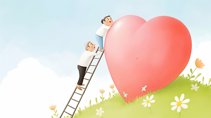 JPG 전신 구름 여자 노년 남자 꽃 감정 분홍색 일러스트 사다리 포옹 하늘 사랑 잔디 성인 두명 하트 마음 반창고 도움 수리 상처 위로 국내일러스트 AI일러스트 AI콘텐츠 자연요소 모양 식물 컬러 컨셉 안기 사람 도구 의료용품 파일형식