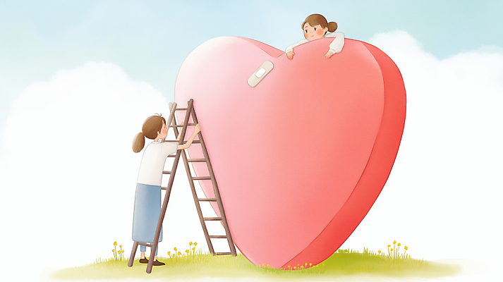 JPG 전신 구름 여자 감정 분홍색 일러스트 사다리 포옹 하늘 매달리기 사랑 잔디 성인 두명 하트 마음 반창고 도움 수리 상처 위로 성인여자만 국내일러스트 AI일러스트 AI콘텐츠 자연요소 모양 식물 컬러 컨셉 안기 모션 사람 도구 의료용품 여자만 성인만 파일형식